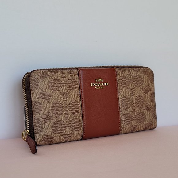 COACH Signature Logo Coated Canvas & Leather Slim Accordion Zip Wallet- Tan Rust - Picture 3 of 16